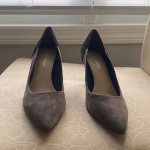 Black and brown suede heels